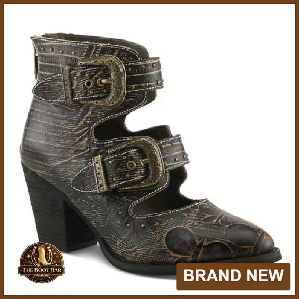 Leather Ankle Boots Cutout Design Block Heel Western Style - Picture 3 of 8